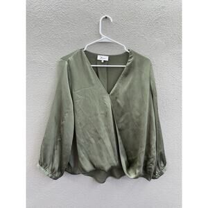 J Flower Womens Blouse Size Large Green Silky Long Sleeve Faux Wrap Top